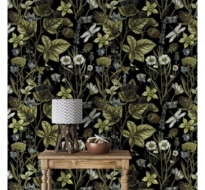 Dark botanical wallpaper wildflowers and herbs