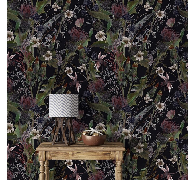 Dark floral wallpaper herbs and wildflowers