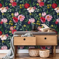 Vibrant flowers on dark, wallpaper leaves and flowers