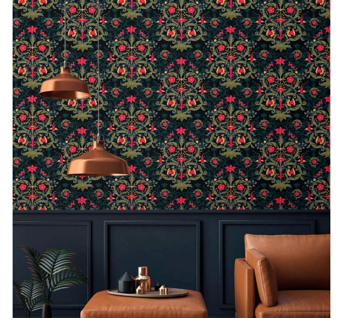 Dark floral wallpaper, moody vintage botanical decor
