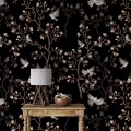 Dark floral wallpaper with birds Chinoiserie style