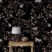 Dark floral wallpaper with birds Chinoiserie style