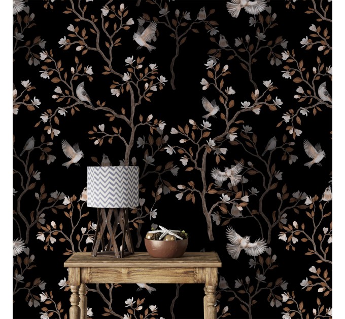 Dark floral wallpaper with birds Chinoiserie style