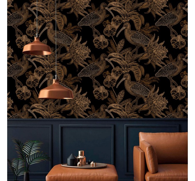 Dark floral wallpaper with birds, vintage style