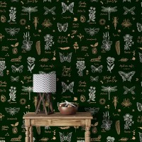 Dark green wallpaper butterflies. Whimsical retro design