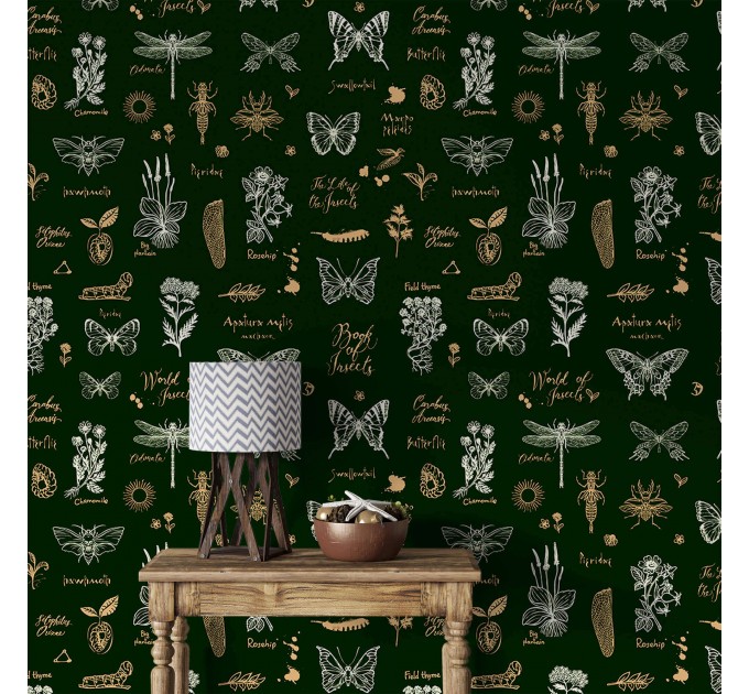 Dark green wallpaper butterflies. Whimsical retro design