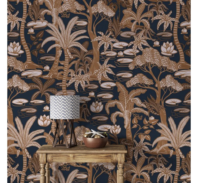 Dark tropical wallpaper palms, accent wall
