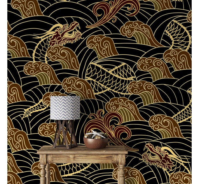 Dark wallpaper dragons on black oriental style