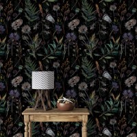 Floral wallpaper herbs and wildflowers, dark moody wall