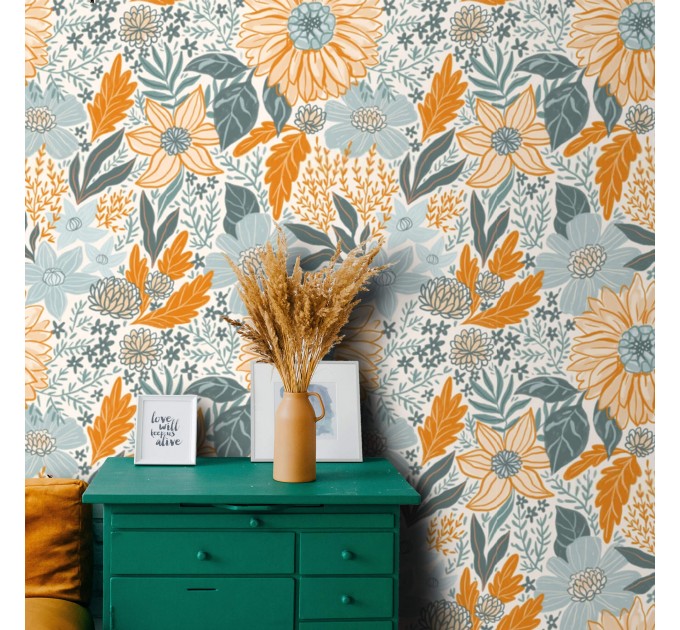 Floral wallpaper, farmhouse accent wallpaper wildflowers