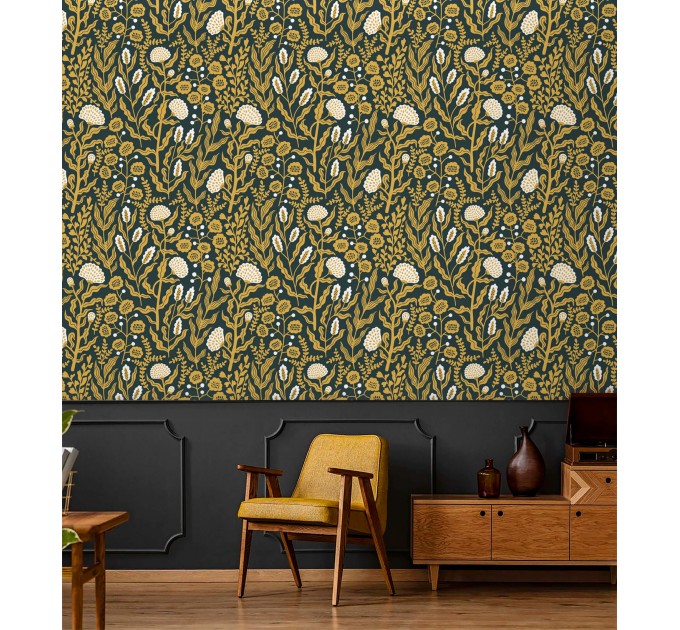 Floral wallpaper botanical on dark, accent wall decor