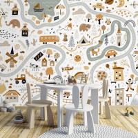 Kids room wallpaper road, houses and nature