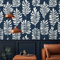 Large leaves wallpaper, dark navy and white botanical design