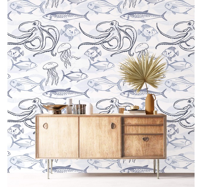 Nautical wallpaper fish Peel and stick removable accent wallpaper