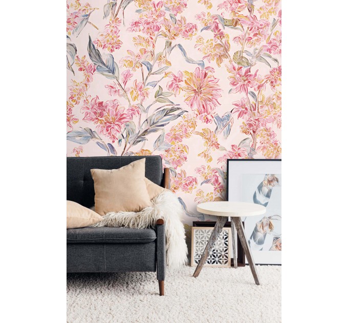 Pastel pink floral wallpaper, large soft flowers