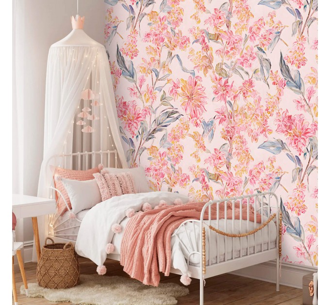 Pastel pink floral wallpaper, large soft flowers
