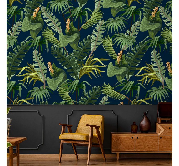Tropical wallpaper, lush greenery, palm leaves