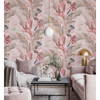 Tropical wallpaper, pastel pink palm leaves design
