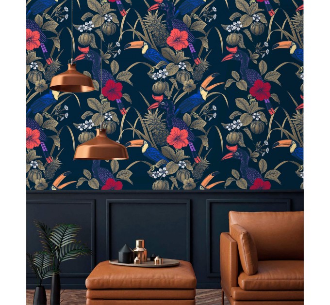 Tropical wallpaper with birds Dark blue maximalist wallpaper