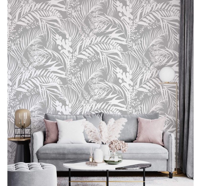 Gray tropical leaf wallpaper – Botanical wall mural