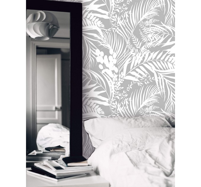 Gray tropical leaf wallpaper – Botanical wall mural