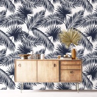 Wallpaper tropical palm leaves, navy blue and white