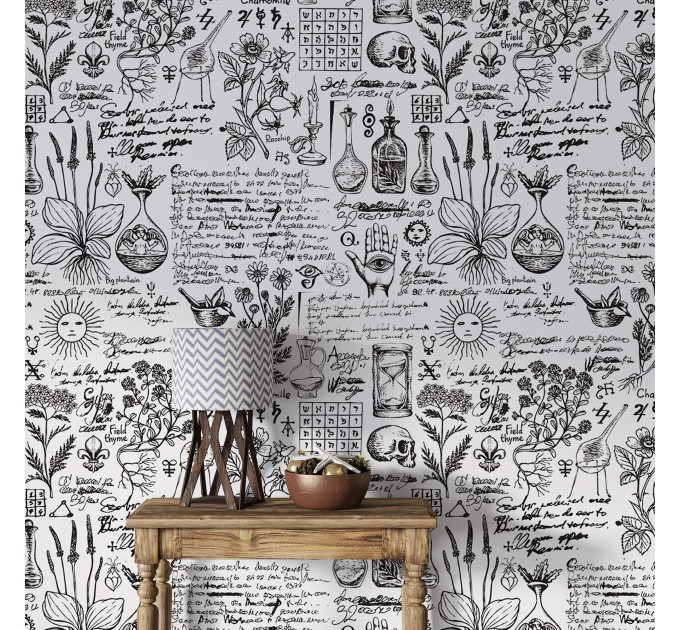 Alchemy motives vintage wallpaper herbs medicine theme