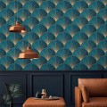 Art deco blue teal wallpaper fans gold non metallic