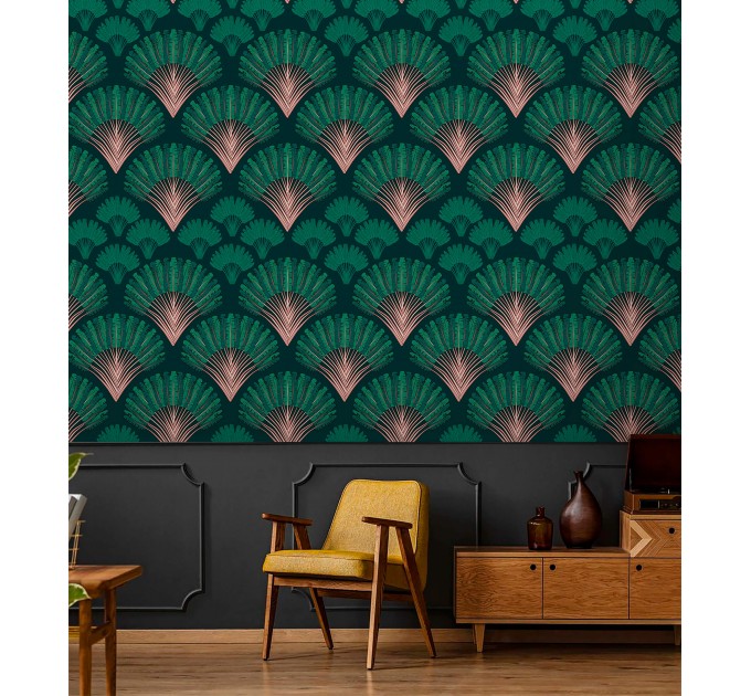 Art deco wallpaper fans deep green mid century wallpaper