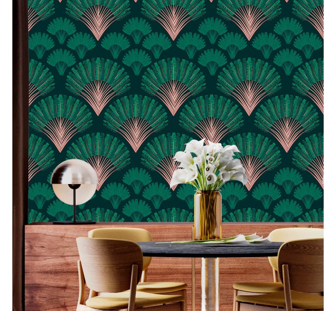 Art deco wallpaper fans deep green mid century wallpaper