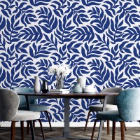 Botanical wallpaper large blue leaves on white 