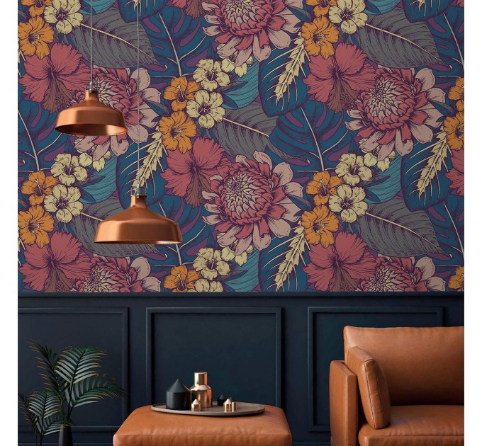 Dark floral tropical wallpaper, exotic flowers