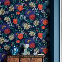Dark blue floral wallpaper colorful flowers accent wall
