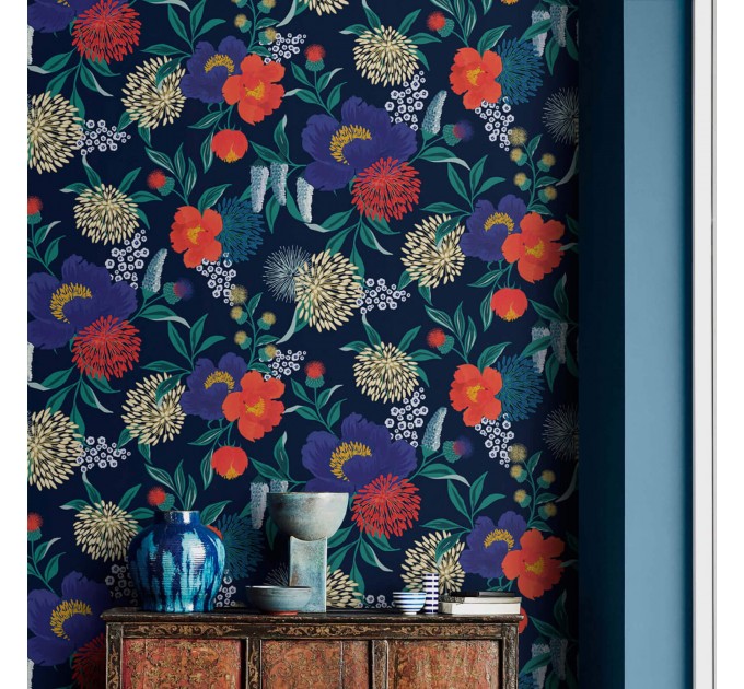 Dark blue floral wallpaper colorful flowers accent wall