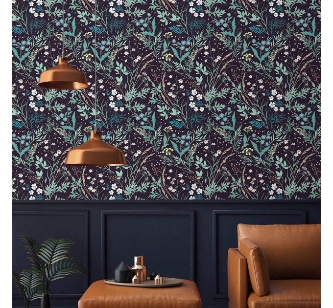 Dark botanical wallpaper, floral vintage design