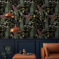 Dark botanical wallpaper herbs and leaves Moody accent wall