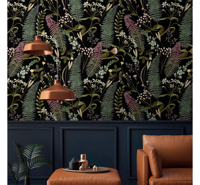 Dark botanical wallpaper herbs and leaves Moody accent wall