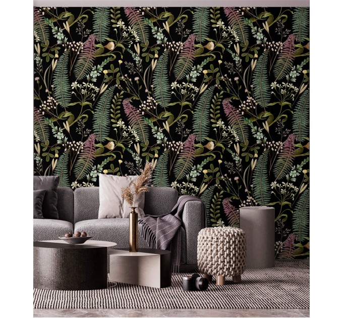 Dark botanical wallpaper herbs and leaves Moody accent wall