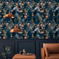 Dark floral wallpaper on navy blue background