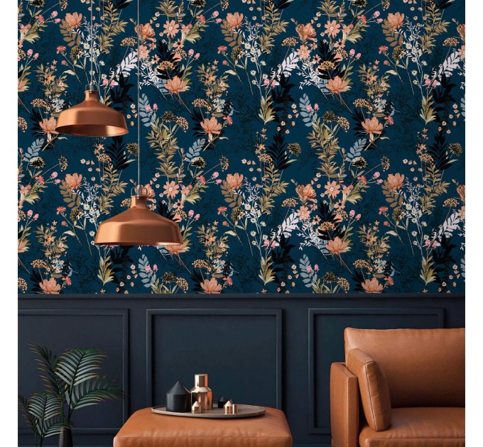 Dark floral wallpaper on navy blue background