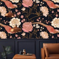Dark floral wallpaper Chinoiserie style with birds
