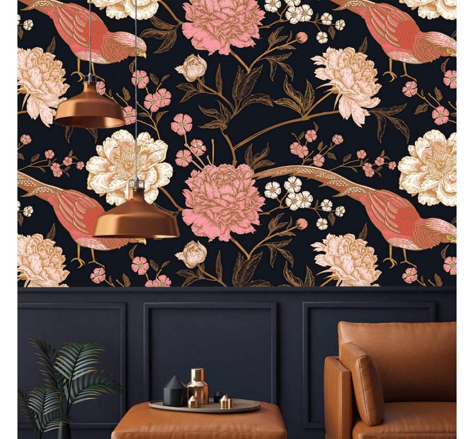 Dark floral wallpaper Chinoiserie style with birds