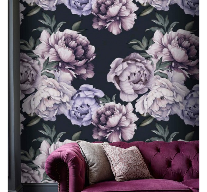 Dark floral wallpaper large peony watercolor flowers