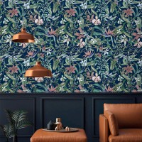 Dark floral wallpaper wildflowers and herbs on dark blue