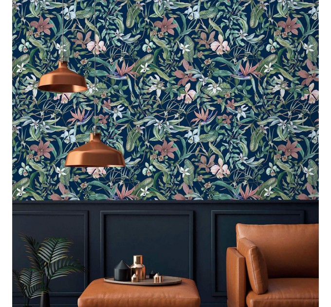 Dark floral wallpaper wildflowers and herbs on dark blue