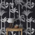 Black and white palm tree wallpaper, bold tropical decor