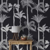 Black and white palm tree wallpaper, bold tropical decor
