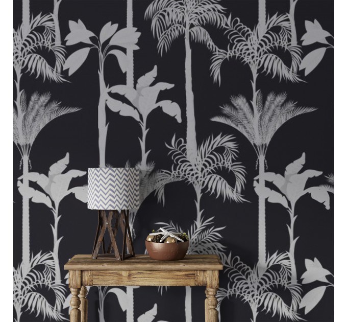 Black and white palm tree wallpaper, bold tropical decor