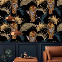 Dark tropical wallpaper tigers and palm leaves