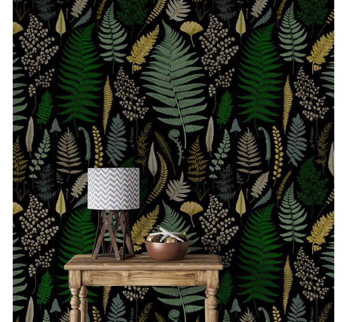 Dark wallpaper fern leaves and herbs